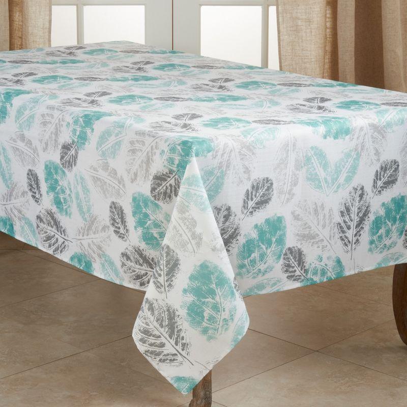 Mint and Gray Leaf Print Polyester Tablecloth, 50" x 70"