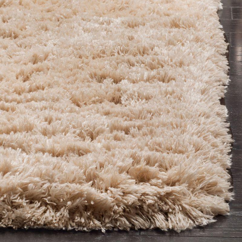 Sumptuous Silken Light Beige Round Shag Rug, Easy-Care Synthetic