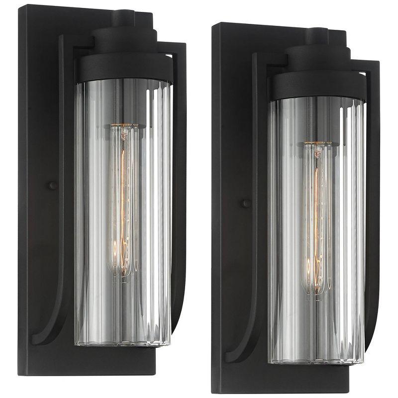 Possini Euro Design Bogota Modern Outdoor Wall Light Fixtures Set of 2 Textured Black 15 1/2" Clear Ribbed Glass for Post Exterior Barn