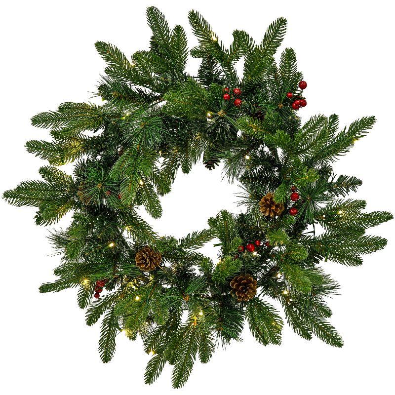 Sunnydaze 24" Diameter Indoor or Outdoor PVC Christmas Wreath with Pinecones and Berries - Traditional