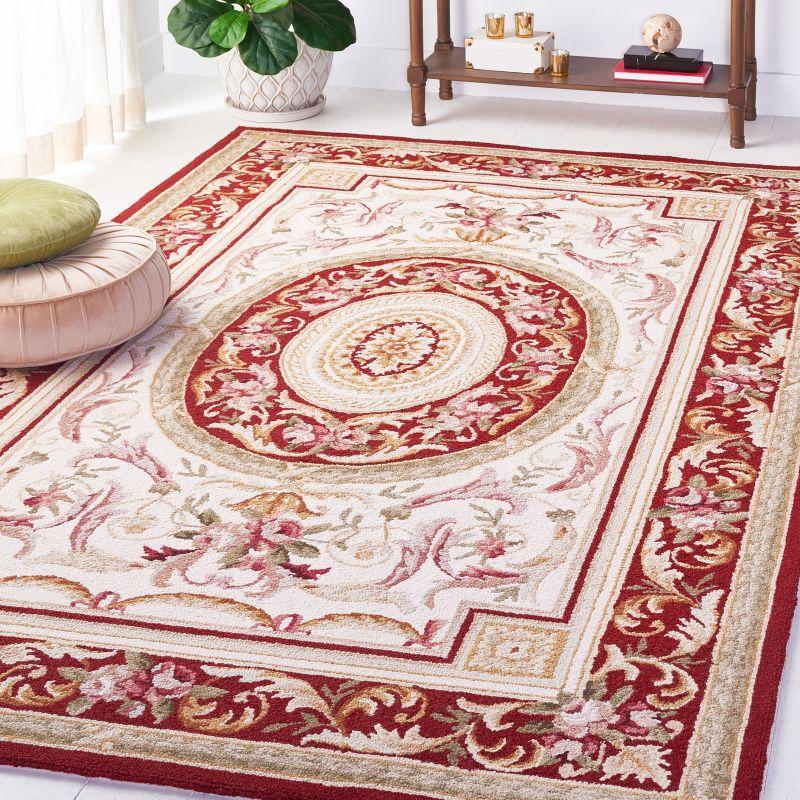 Elegant Ivory & Burgundy Hand-Knotted Wool Round Rug