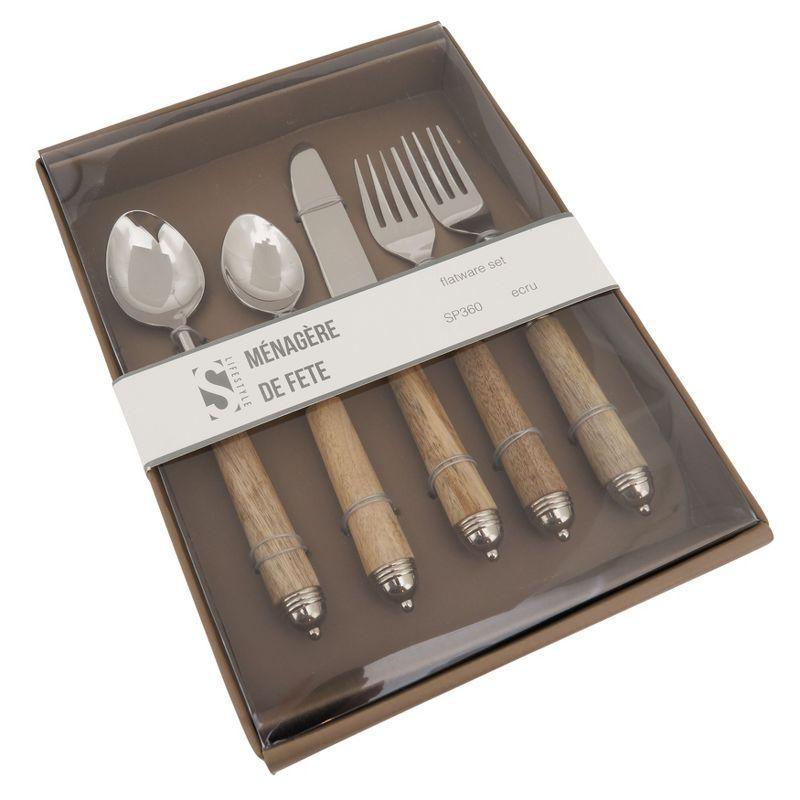 Natural Bark Wood Handle Stainless Steel Flatware Set, 5-Piece