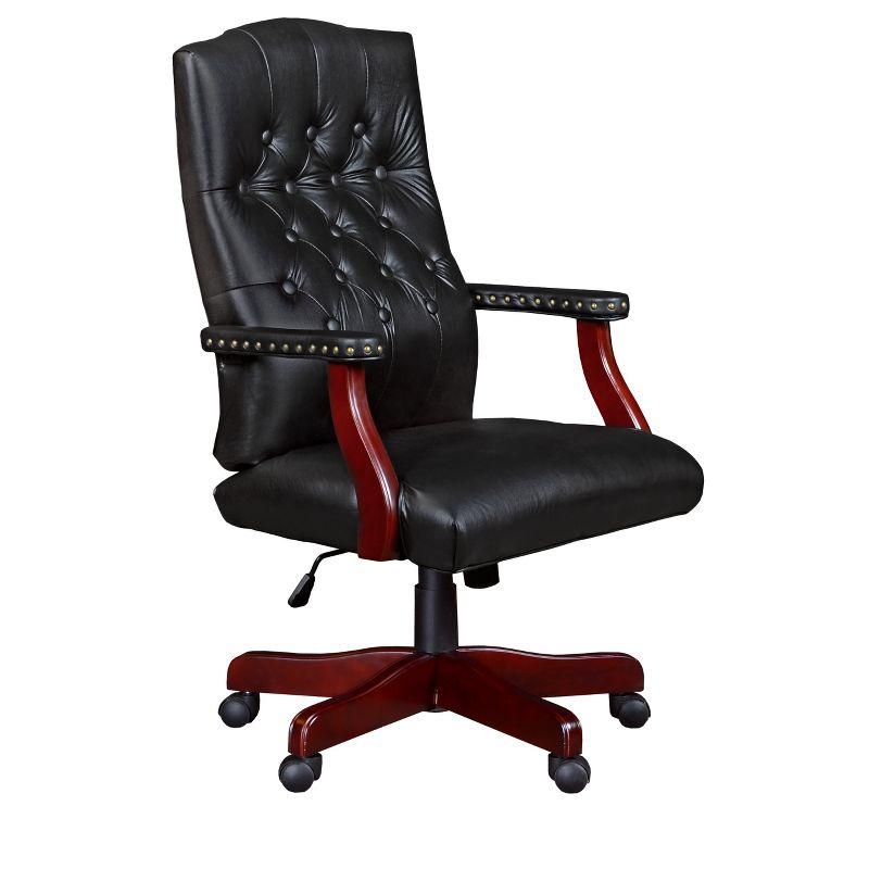 Executive High-Back Black Leather Swivel Chair with Mahogany Frame