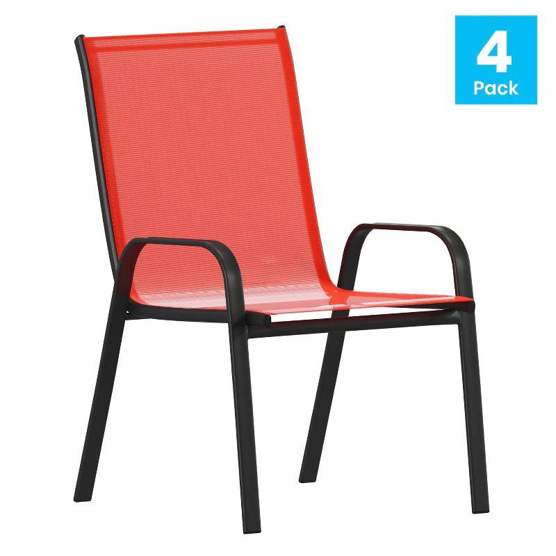 Flash Furniture 4 Pack Brazos Series Black Outdoor Stack Chair with Flex Comfort Material and Metal Frame