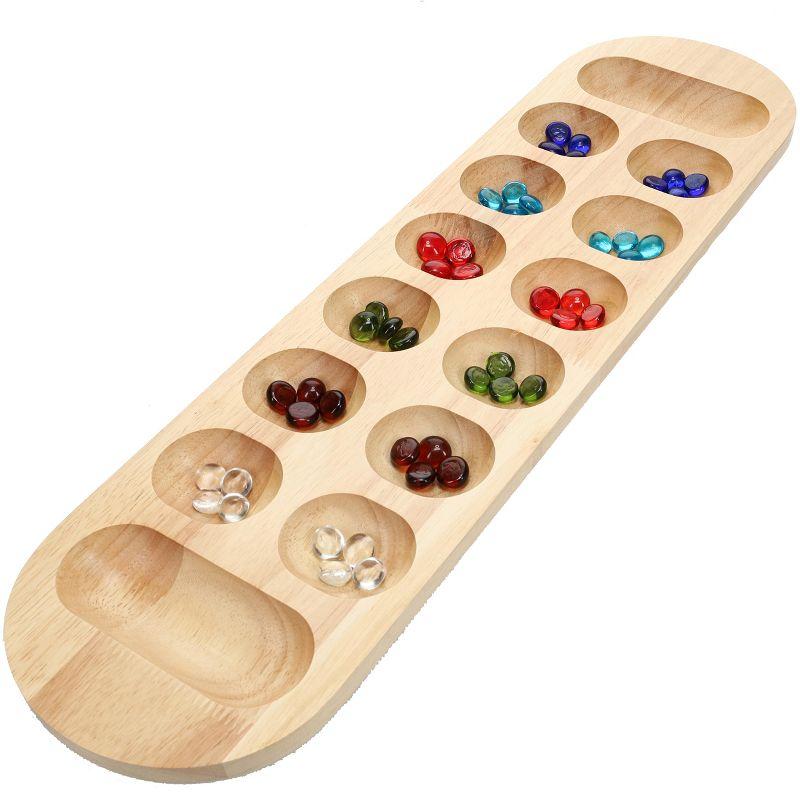 22 Inch Natural Wood Mancala Board Game with Glass Stones