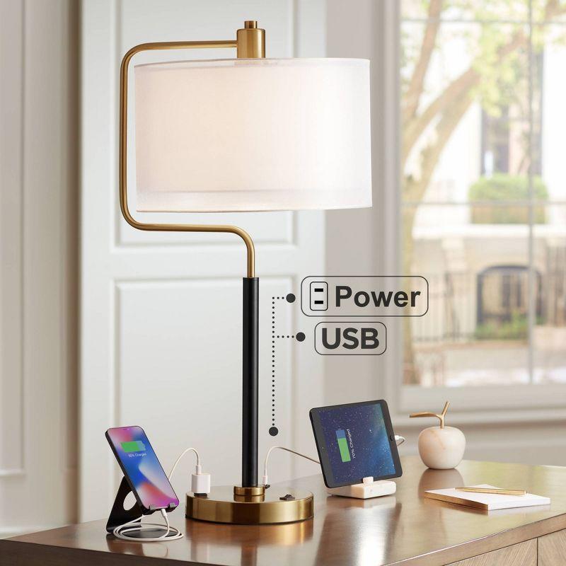 Possini Euro Design Carlyle Modern Mid Century Desk Lamp 30 1/2" Tall Gold with USB and AC Power Outlet in Base Double Drum Shades for Living Room