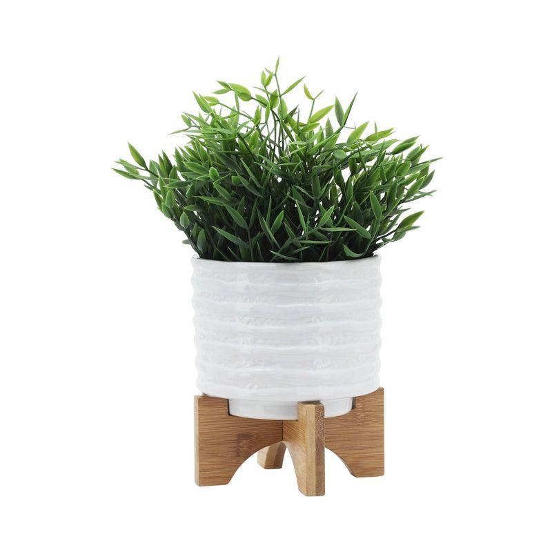 6" Ceramic Planter on Stand White Stripe - Sagebrook Home: Ridged, Wood Stand, Indoor/Outdoor Use