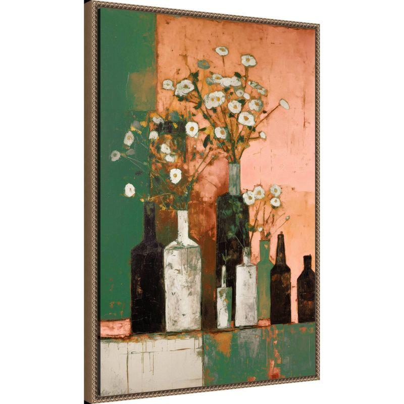 23"x33" Bottles and Flowers by Treechild Framed Canvas Wall Art Print Bronze - Amanti Art