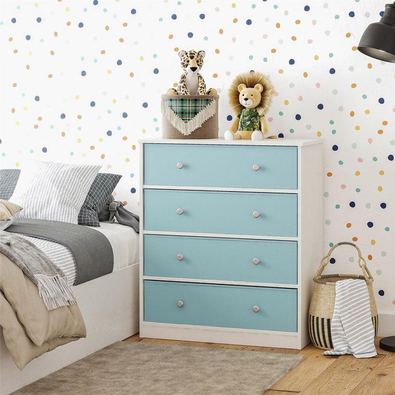 White and Light Blue Tall Nursery Dresser with Fabric Bins