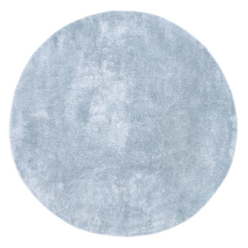 Light Blue Solid Shag Washable Round Synthetic Rug