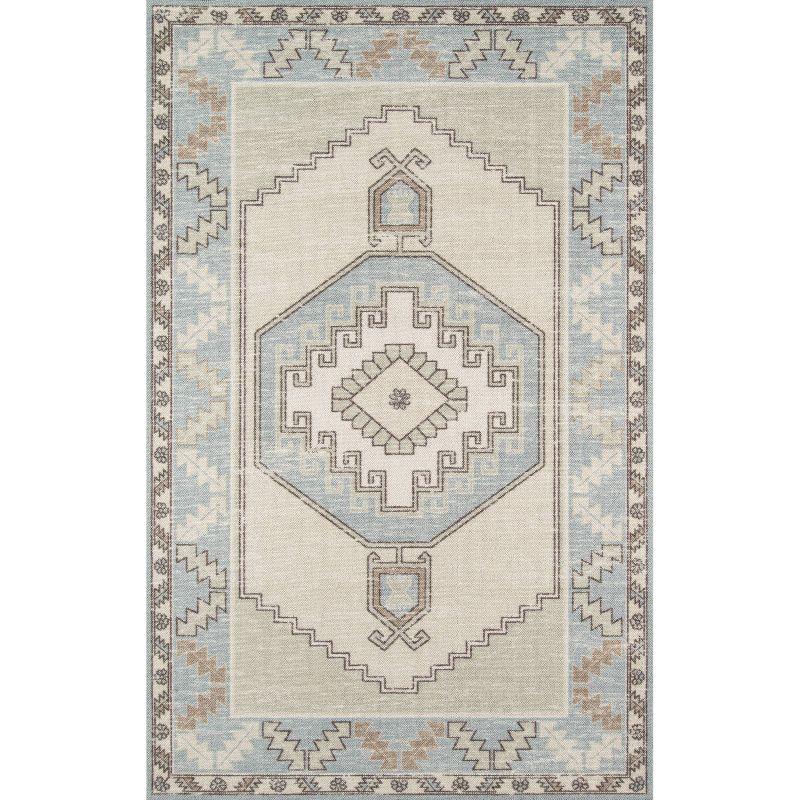 Momeni 6'6"x9' Anatolia Rylee Medallion Machine Loomed Area Rug Light Blue: Classic Pattern, Wool & Nylon, Low Pile