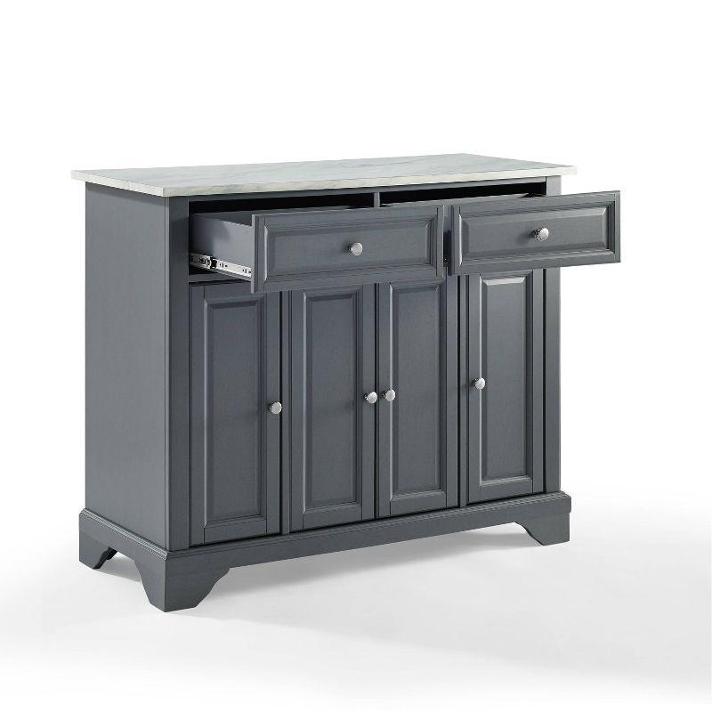One Allium Way® Kitchen Island With Storage Shelves, Microwave Stand, Coffee Bar, Gray - Birch Veneer, Marble Finish, 2 Drawers & 3 Cabinets, Brushed Nickel Hardware