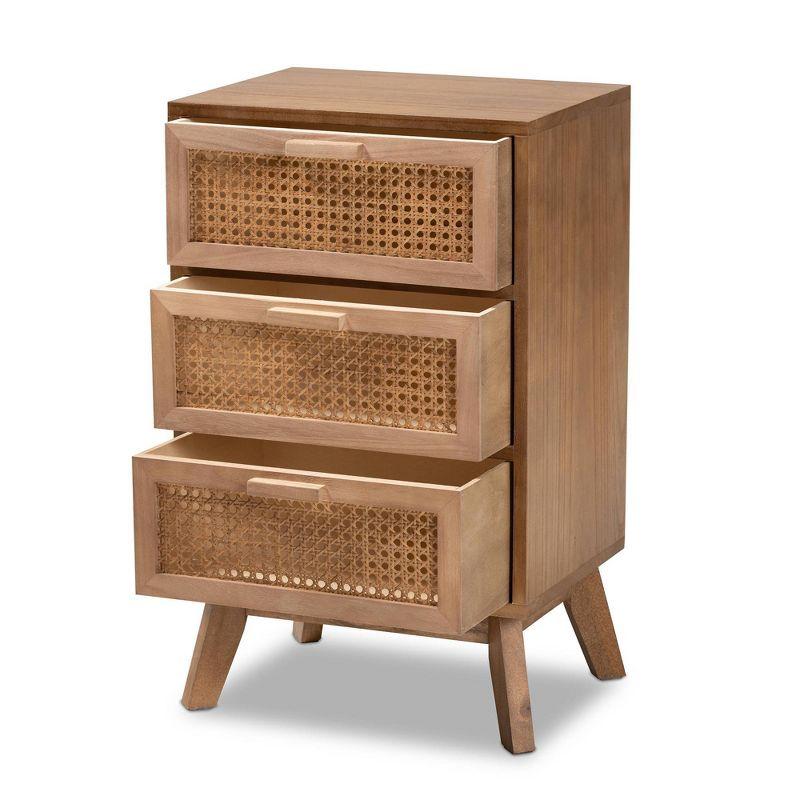 Baden Wood with Rattan 3 Drawer Nightstand Walnut Brown - Baxton Studio: Bohemian Style Bedside Table, MDF & Paulownia Frame