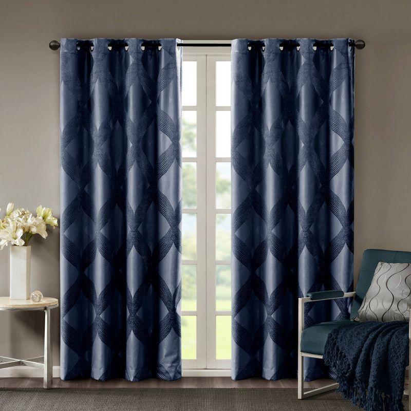 Navy Ogee Knitted Jacquard Blackout Curtain Panel