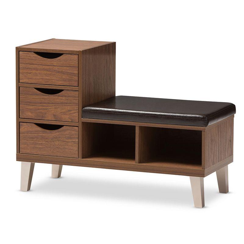 Walnut Brown Shoe Storage Bench with Faux Leather Seat