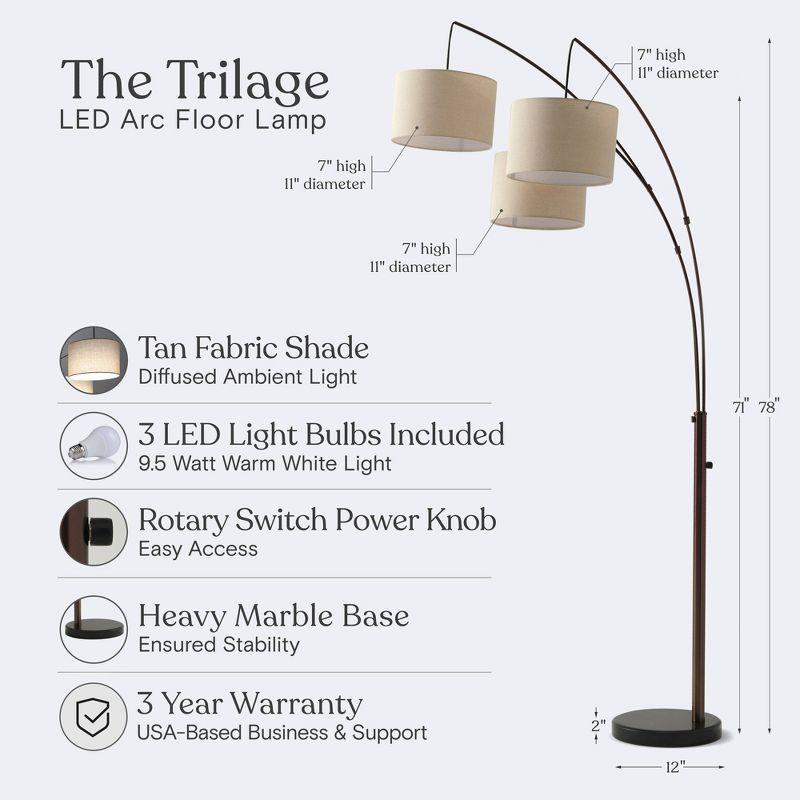 Brightech Trilage 84 in. Mid-Century Modern 3-Light Adjustable LED Arched Standing Floor Lamp with 3 Fabric Drum Shades