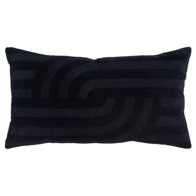 14"x26" Oversized Solid Striped Poly Filled Lumbar Throw Pillow Black - Rizzy Home: Cotton Velvet, Embroidered, Modern Industrial Design