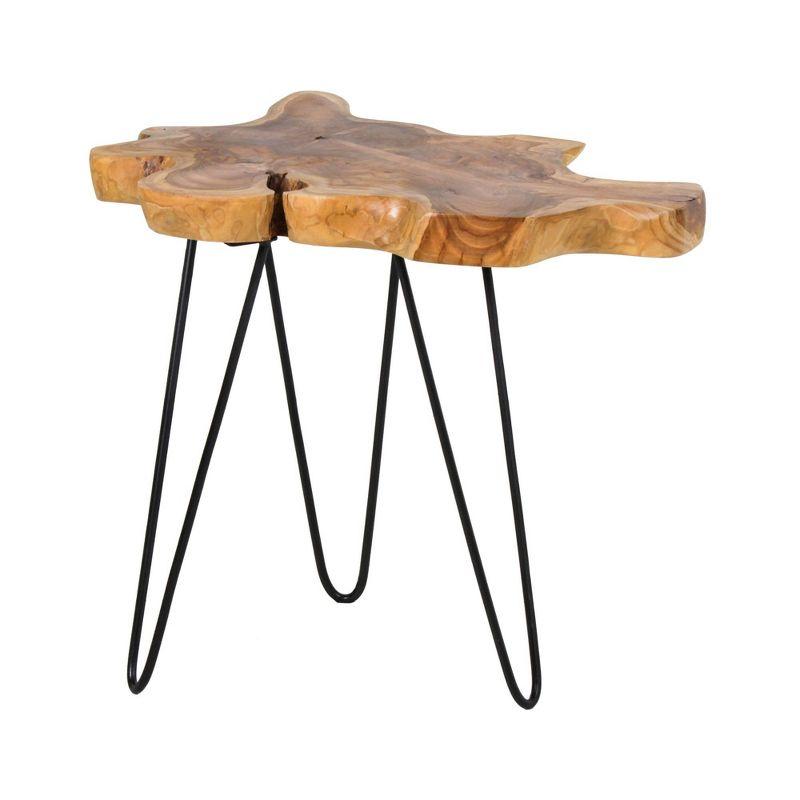 Natural Live-Edge Teak Wood Round Accent Table with Metal Legs