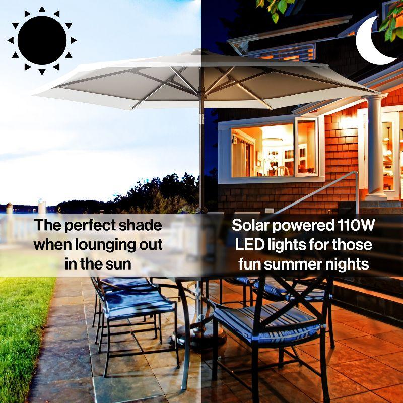 JONATHAN Y Spencer 9 ft. Classic Coastal 2-Tone Solar LED Market Patio Umbrella 12 LED Strip Lights, Auto-Tilt, Crank, UV Protection in Gray/White