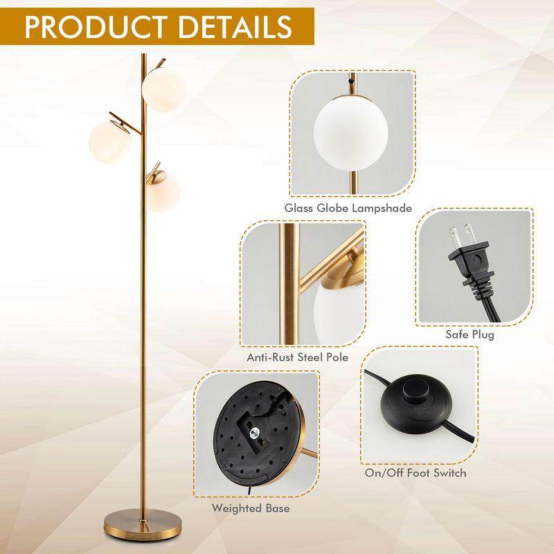 Tangkula Modern 3-Globe Freestanding Floor Lamp with Convenient Foot Switch & 3 E26 Bulb Bases, Sturdy Steel Pole Golden