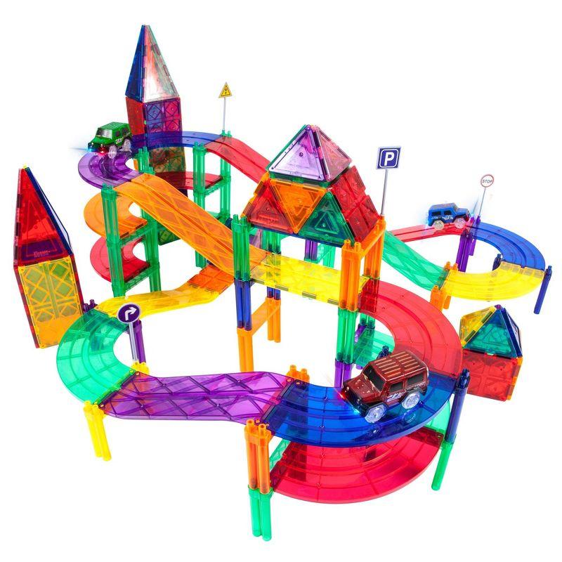 PICASSO-TILES Race Track Magnetic Tiles for Kids, 128PCS with 3 Racing Cars, Construction STEM Building Blocks Educational Toy