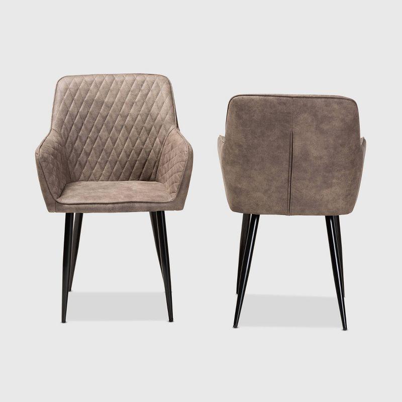 Set of 2 Gray and Brown Quilted Metal Dining Chairs