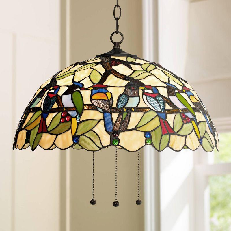 Robert Louis Tiffany Bronze Plug In Swag Pendant Chandelier 20" Wide Mission Garden Birds Stained Glass 3-Light Fixture for Dining Room Kitchen Island