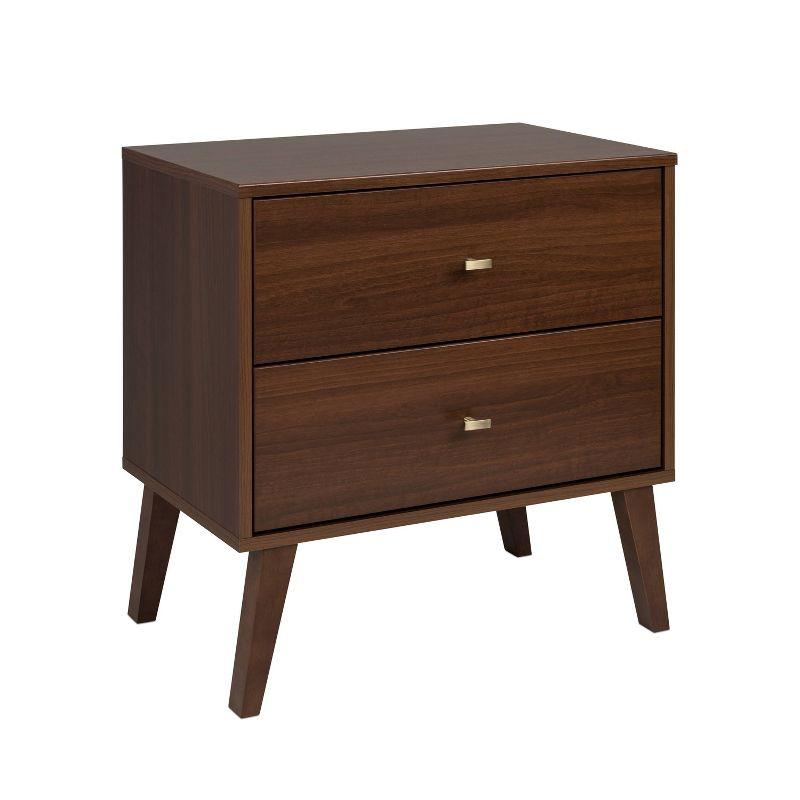 Milo Mid Century Modern 2 Drawer Nightstand Cherry - Prepac: Brushed Brass Knobs, Tapered Legs
