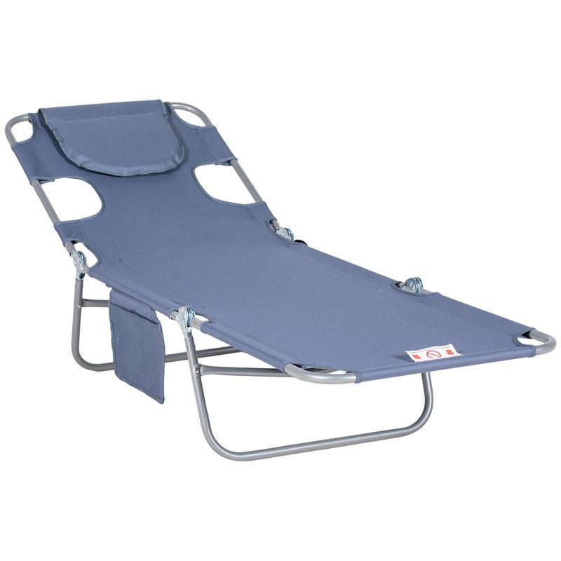 Gray Folding Outdoor Chaise Lounge with Pillow and Arm Slots