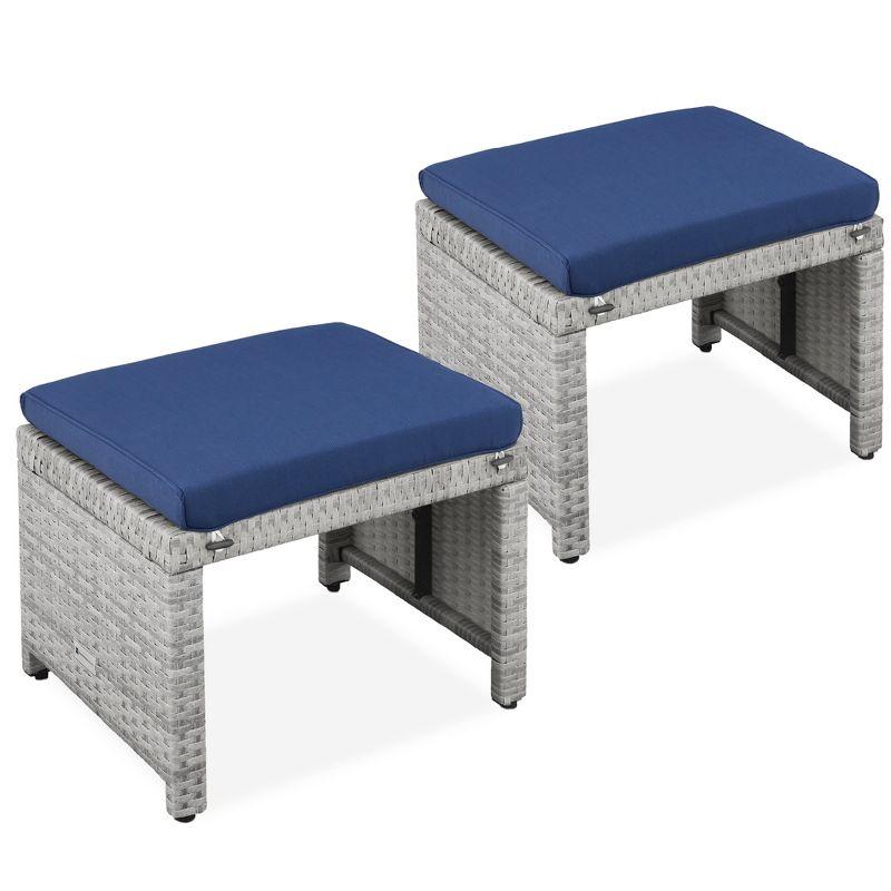 Coastal Gray & Navy Wicker Patio Ottomans with Cushions - Set of 2