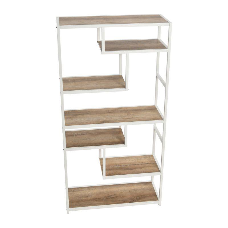 Household Essentials Jamestown Tall 6 Shelf Open Storage Bookshelf Coastal Oak Rustic Wood Grain and White Metal