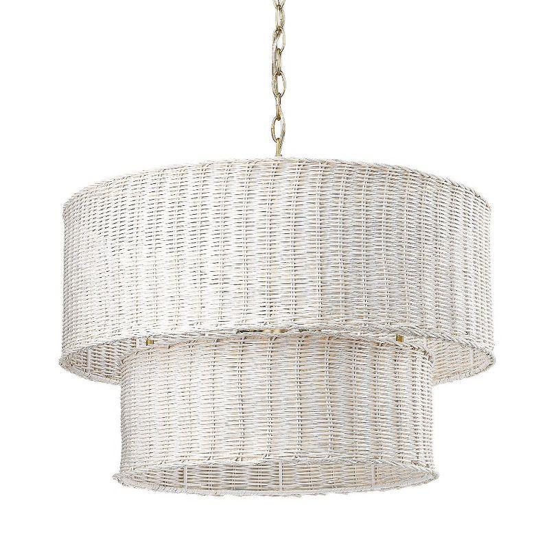 White Wicker Drum Chandelier with Bronze Accents