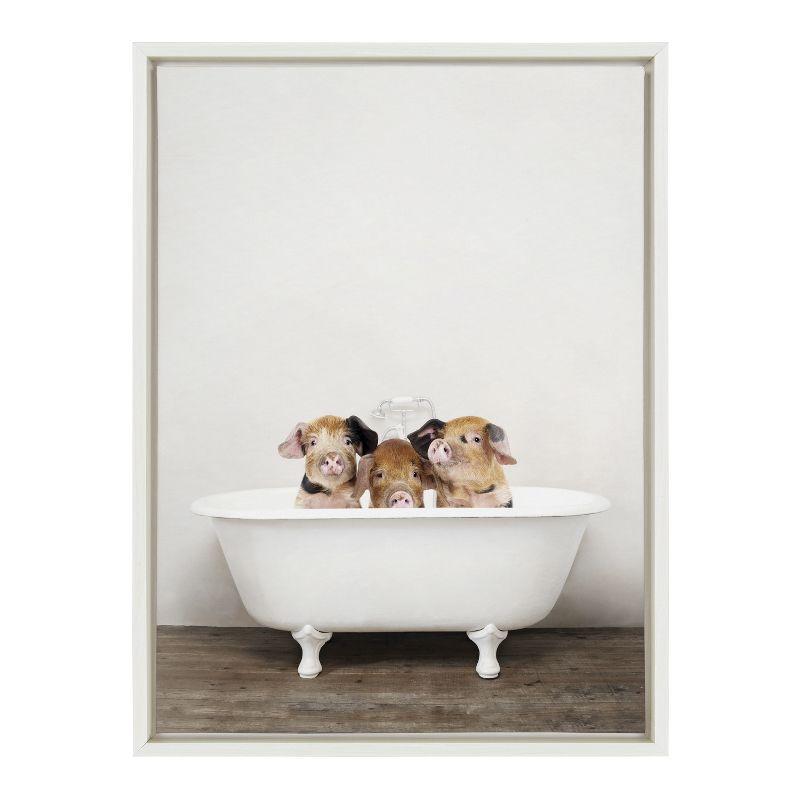 Kate and Laurel Sylvie Three Little Pigs In Vintage Bathtub Framed Canvas by Amy Peterson Art Studio, 18x24, White