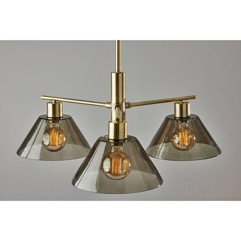 3-Light Zoe Chandelier Antique Brass - Adesso: Vintage Style, Adjustable Height, Smoked Glass Shades