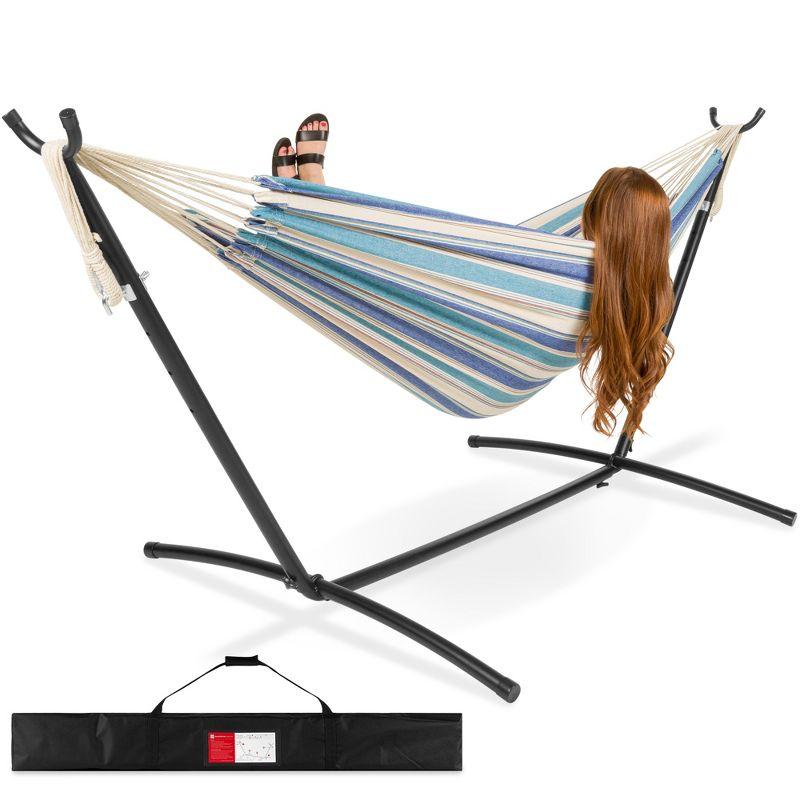 Knutsford 2-Person Brazilian-Style Cotton Double Hammock with Stand Set w/ Carrying Bag
