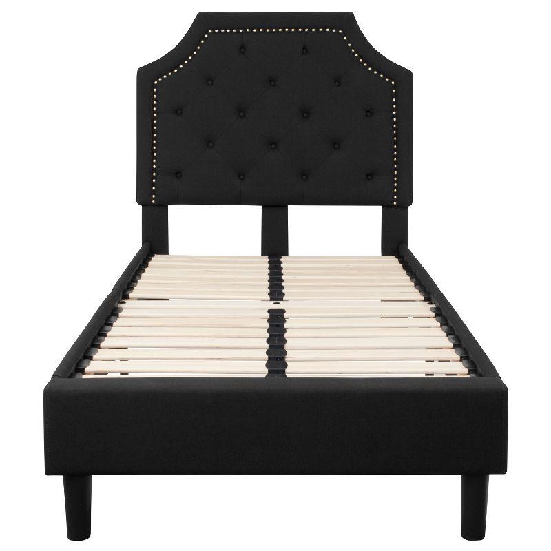 Elegant Twin-Sized Black Upholstered Bed with Tufted Headboard and Gold Nailhead Trim