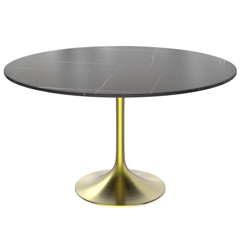 LeisureMod Verve 48" Round Dining Table, Modern Stone Top Dining Table with Brushed Gold Stainless Steel Pedestal Table Base in Black