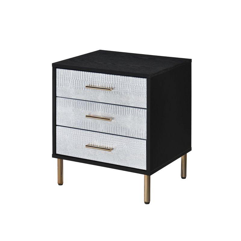 Black, Silver, and Gold 3-Drawer Faux Crocodile Nightstand