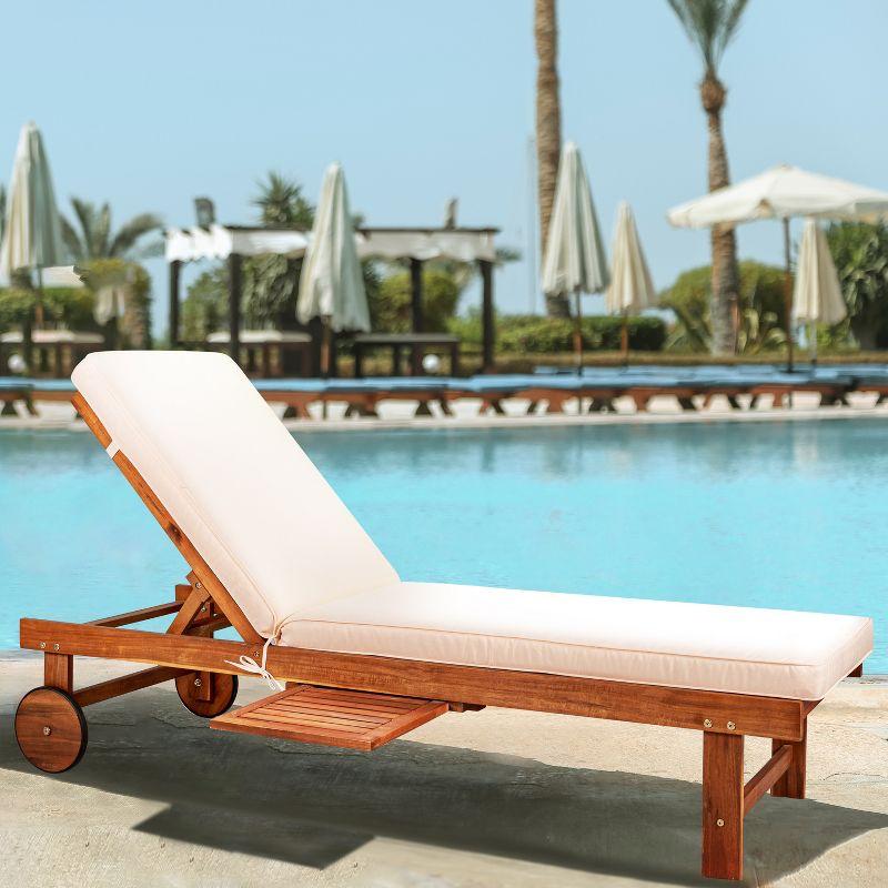 Seabrook 69 x 24 Inch Outdoor Acacia Wood Lounger with Cushion, 5-Position Back, Slide Table & Wheels -JONATHAN Y