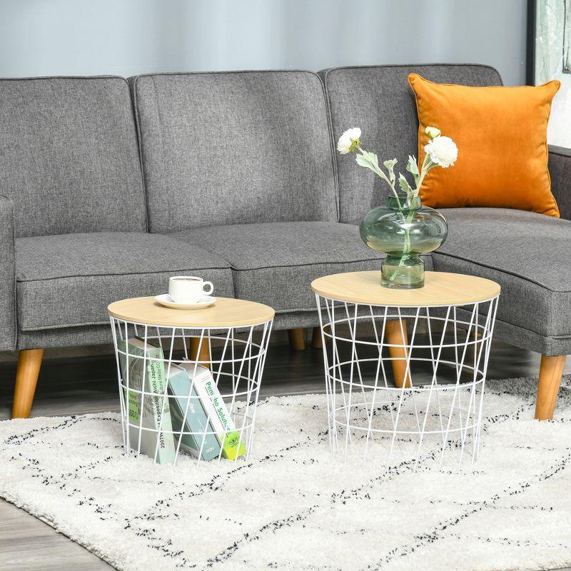 Set of 2 Round White Metal and Wood Nesting Tables