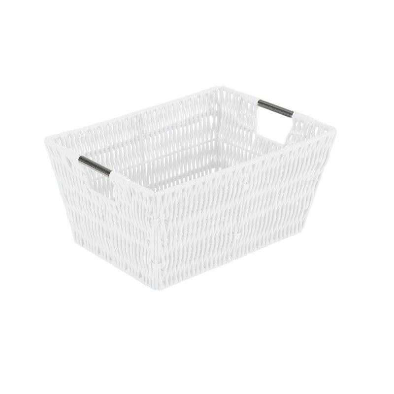 White Rectangular Rattan Storage Baskets with Iron Handles, Set of 3