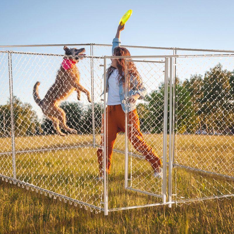 Lucky Dog Adjustable Heavy Duty Outdoor Galvanized Steel Chain Link Dog Kennel Enclosure with Latching Door, and Raised Legs