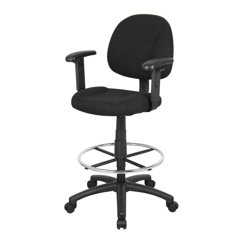 ErgoComfort Black Tweed Drafting Stool with Adjustable Arms and Chrome Footring