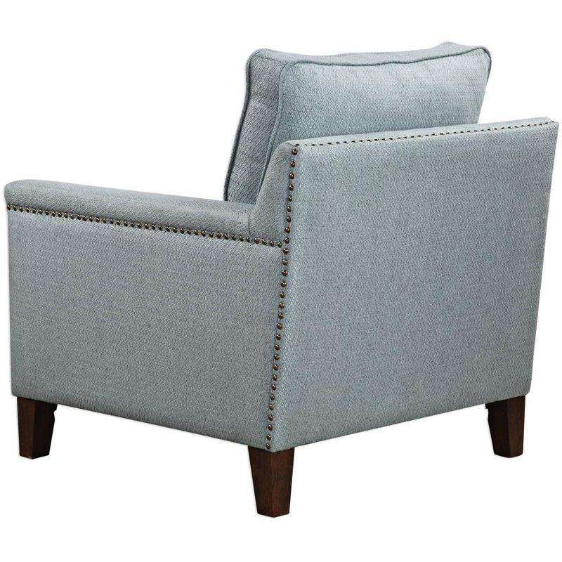 Transitional Sea Mist Blue Fabric Accent Chair with Brass Nailheads