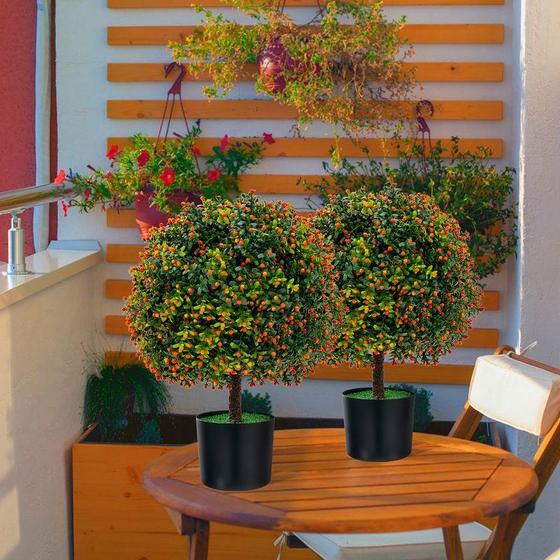 Costway 22'' Artificial Boxwood Topiary Ball Tree 2-Pack Faux Potted Plant w/Orange Fruit