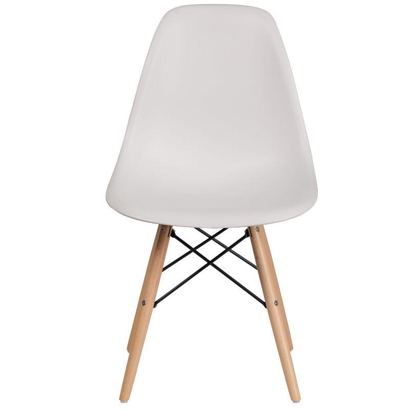 White Plastic Side Chair with Wooden Legs and Metal Bracing