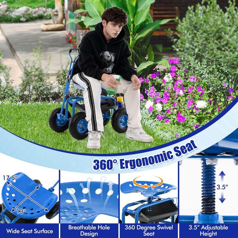 Costway Garden Cart Patio Wagon Roll Work Seat with Tray Basket Extendable Handle Blue