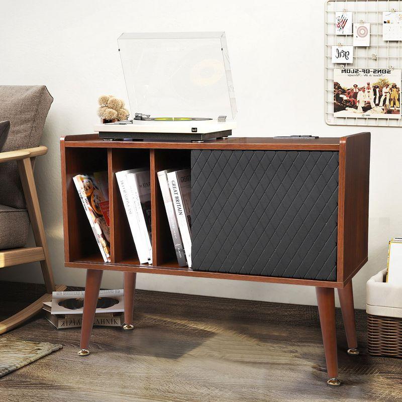 Record Player Stand with Charging Station, Vinyl Record Storage Cabinet with Sliding Door