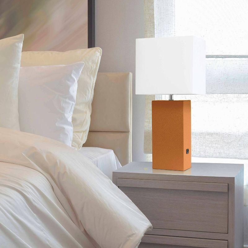 21" Lexington Leather Base Modern Home Decor Bedside Table Lamp with USB Charging Port and Fabric Shade Tan/White - Lalia Home: No Assembly