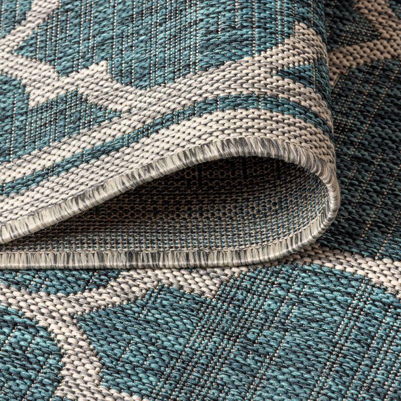 5' Round Trebol Moroccan Trellis Textured Weave Indoor/Outdoor Area Rug, Teal/Gray - JONATHAN Y